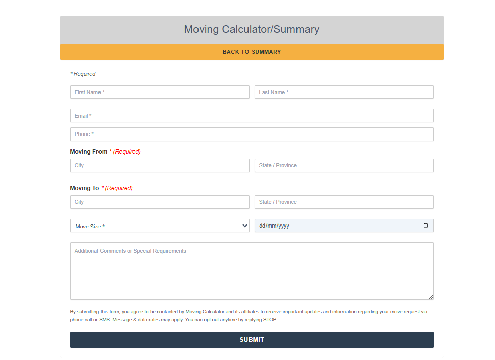 Moving Calculator Pro quote request form