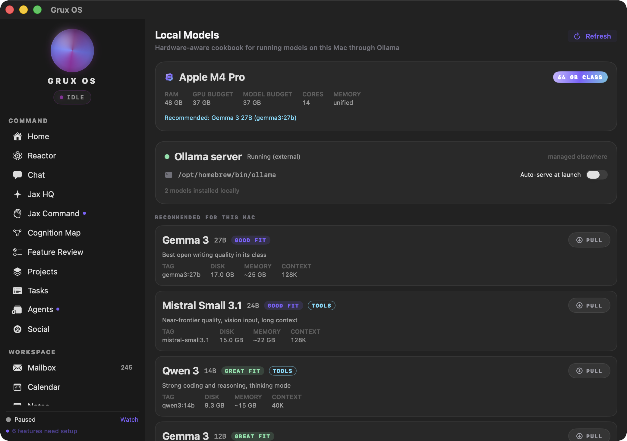 Local Models: hardware-aware model recommendations for this Mac, through Ollama