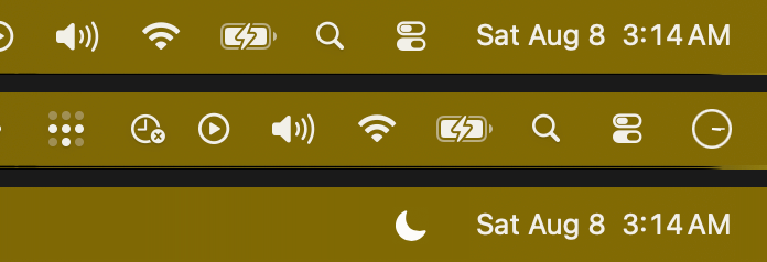 The macOS menu bar with a normal clock reading Sat Aug 8 3:14 AM, below it the same menu bar with the clock replaced by a small analog dial, and below that the same bar blank except for Nocturne's moon and the clock