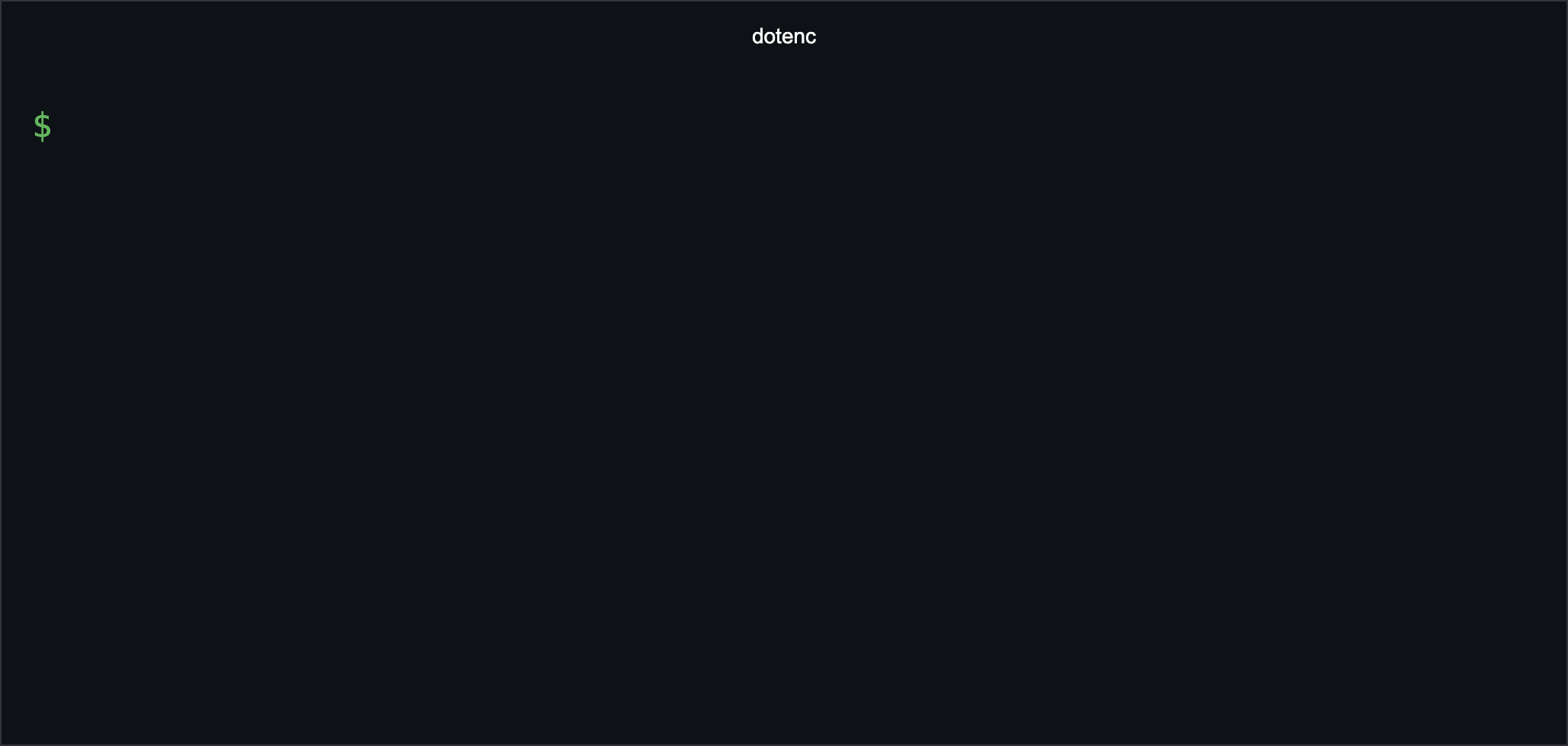 dotenc β animated terminal demo showing an encrypted environment rendered as a readable local Git diff