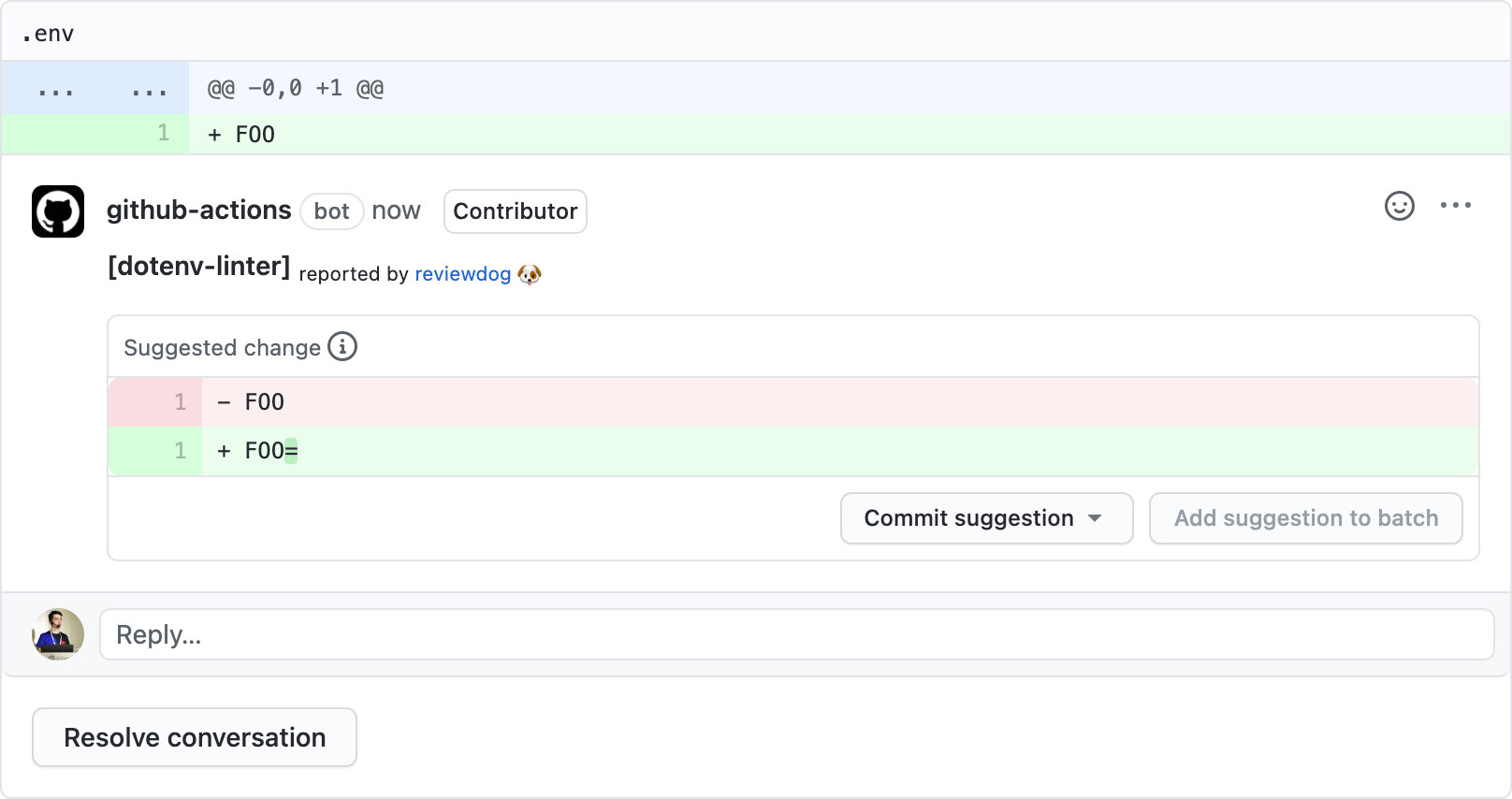 Example comment made by the action, with github-code-suggestions