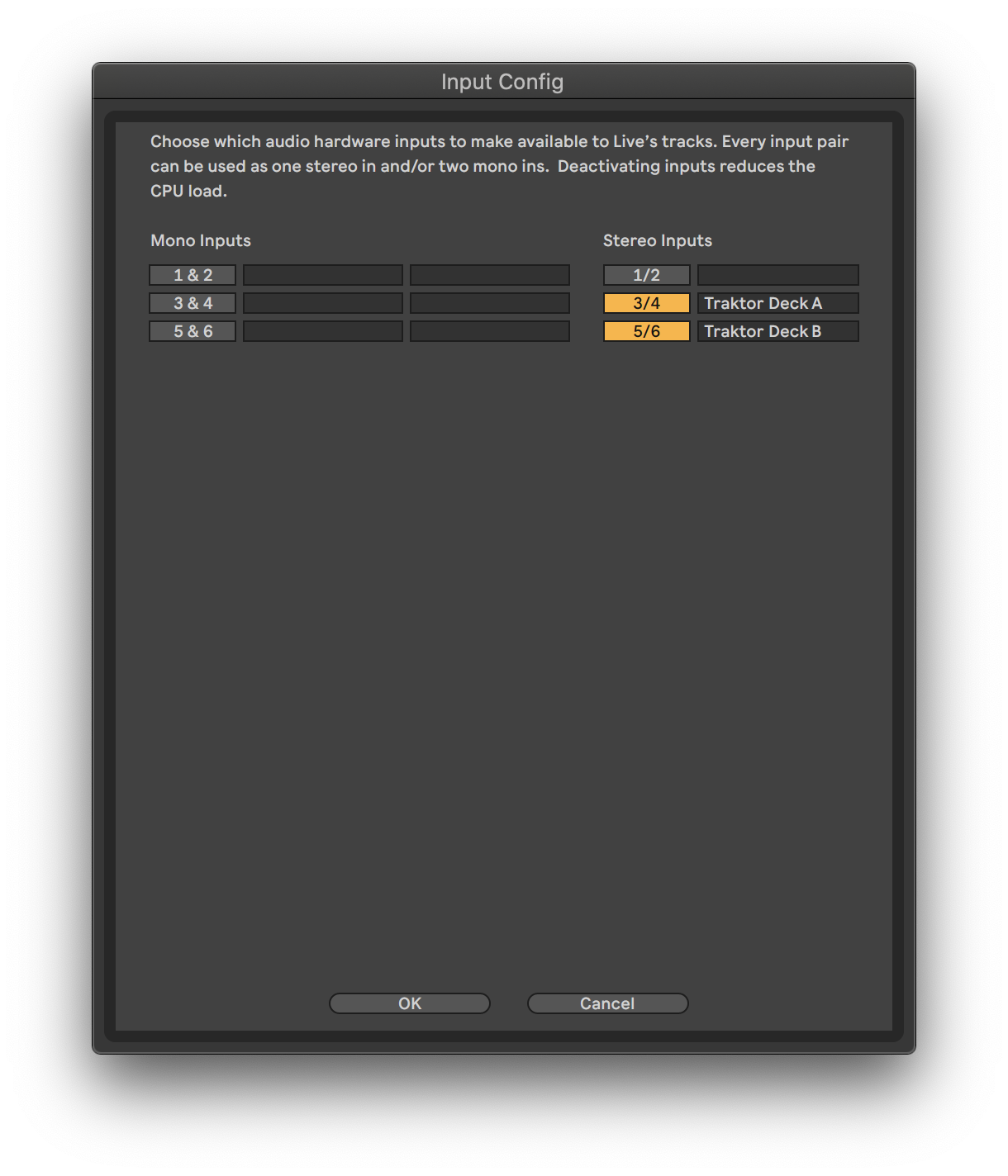 Screenshot of Ableton Live's Input Config window