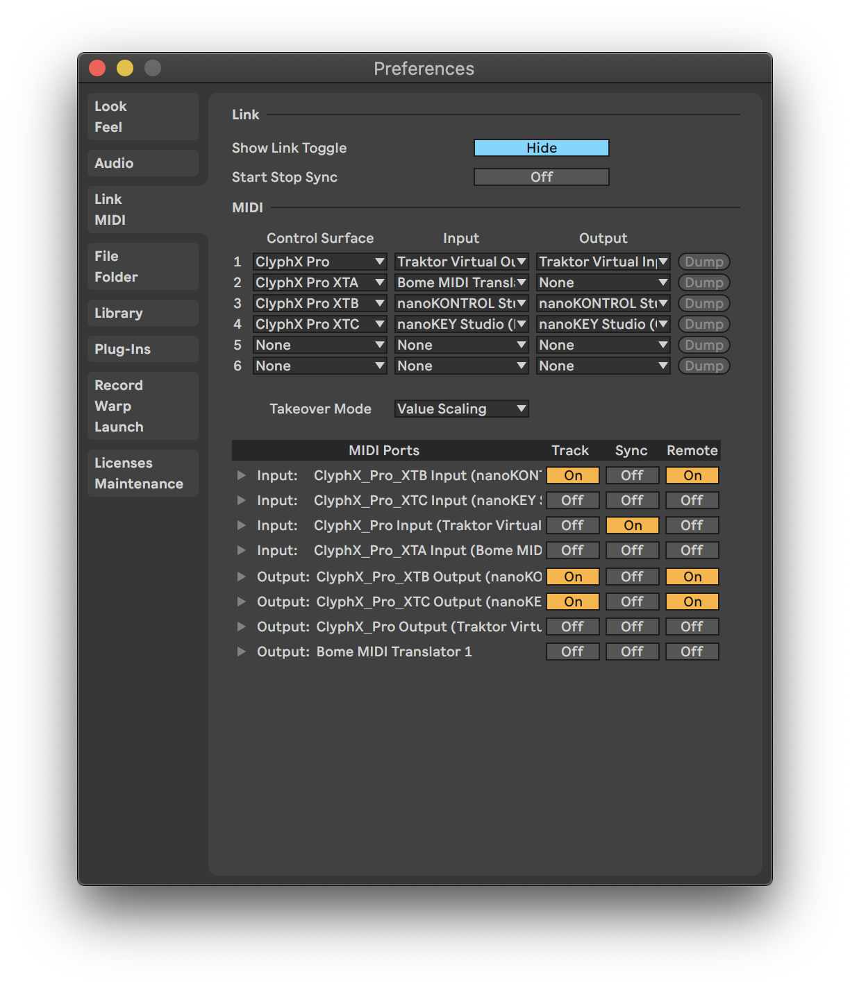 Screenshot of Ableton Live's MIDI configuration