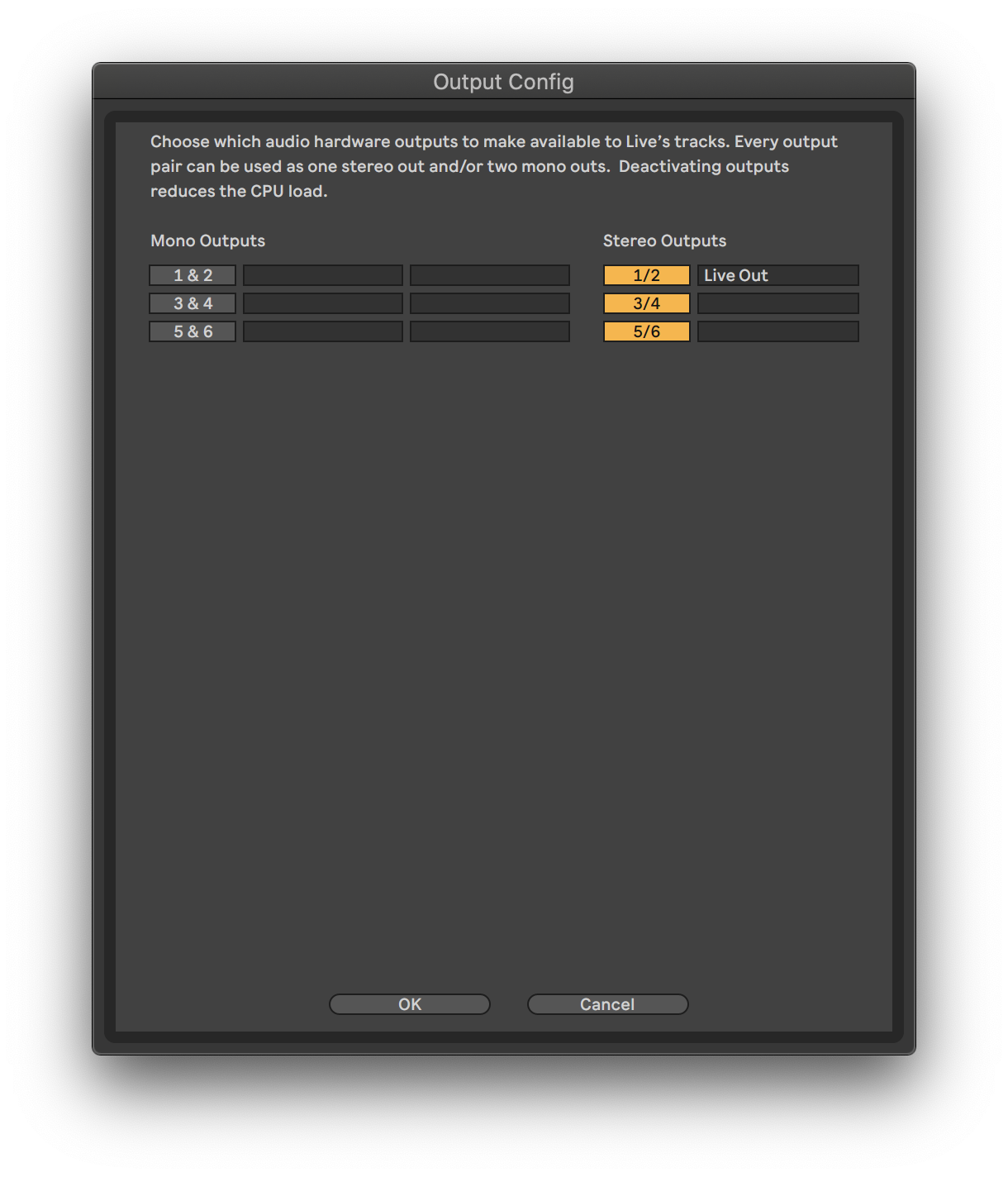 Screenshot of Ableton Live's Output Config window