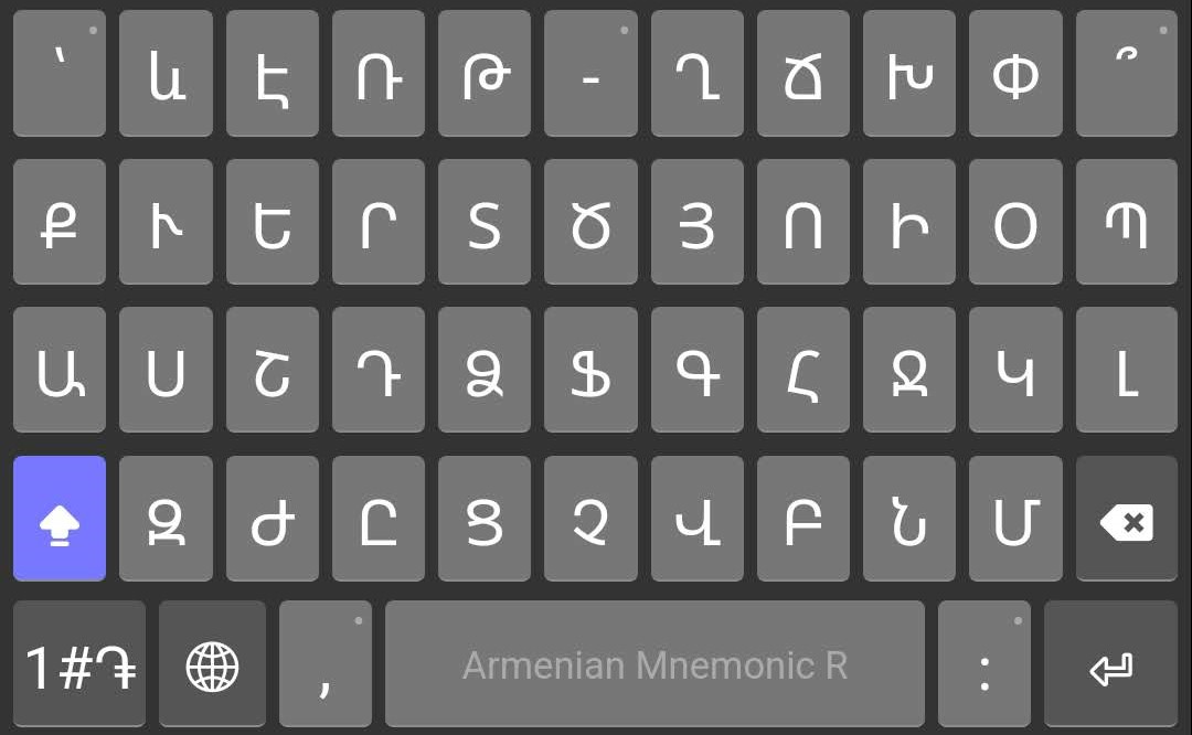 «Armenian Mnemonic R» հպաստեղնաշարը Shift ստեղնը 2-րդ անգամ սեղմելուց հետո