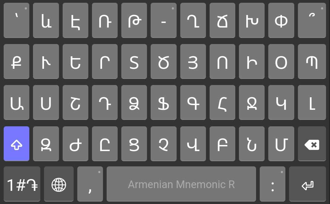 «Armenian Mnemonic R» հպաստեղնաշարը Shift ստեղնը սեղմելուց հետո
