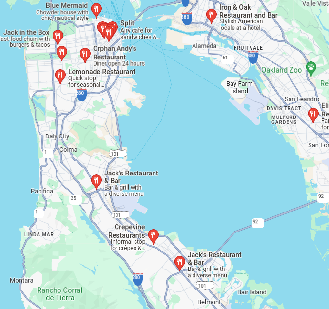 A map of restaurants in San Francisco, California on Google Maps