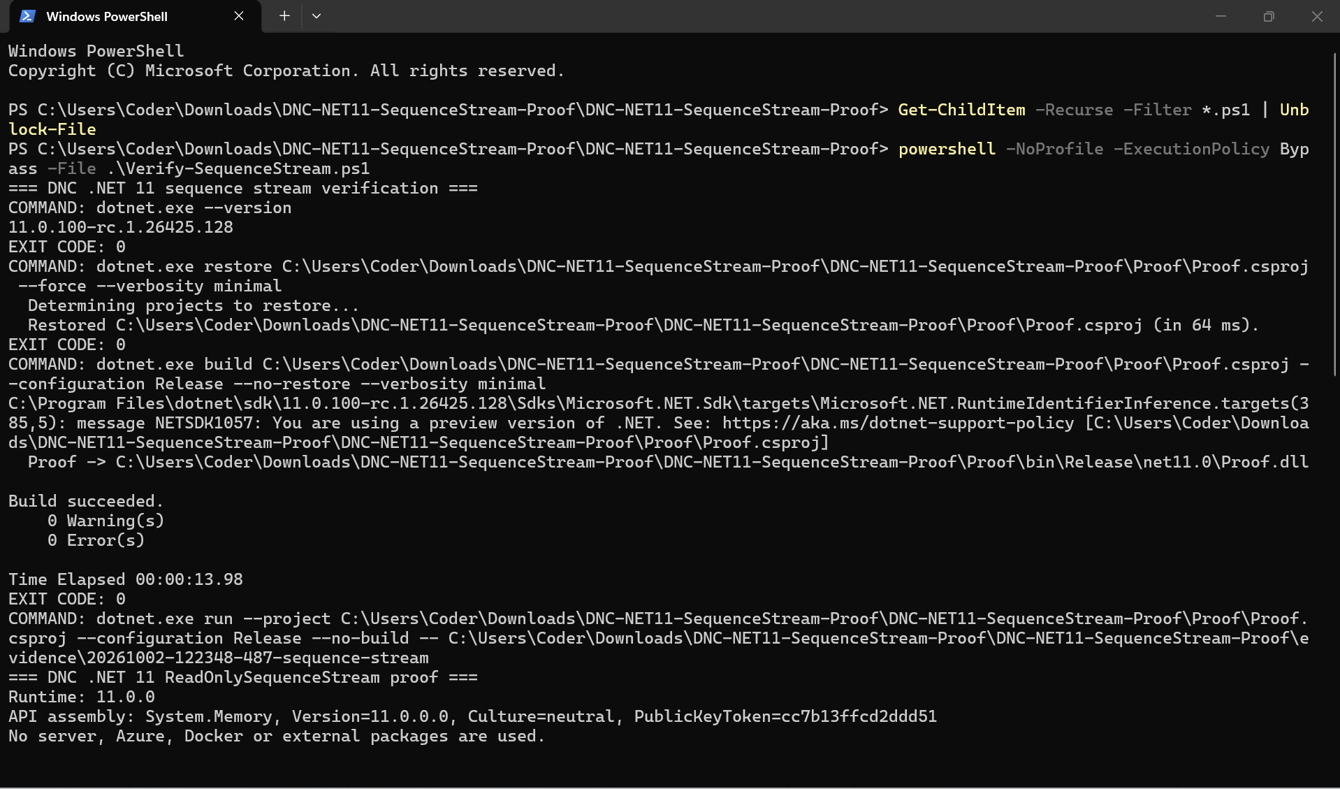 .NET 11 ReadOnlySequenceStream: Keep Pipe Buffers Alive Until Consumption Finishes Windows PowerShell output showing .NET 11 RC1 SDK, a successful build, and the actual ReadOnlySequenceStream API assembly.