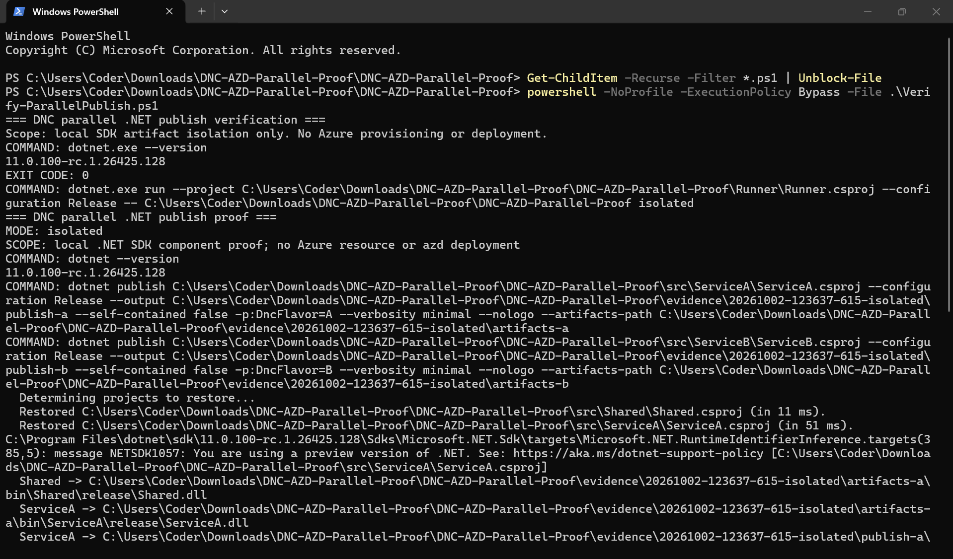 Parallel .NET Publish: Isolate Shared Project Artifacts Windows PowerShell output showing two dotnet publish commands with separate artifacts-a and artifacts-b roots.