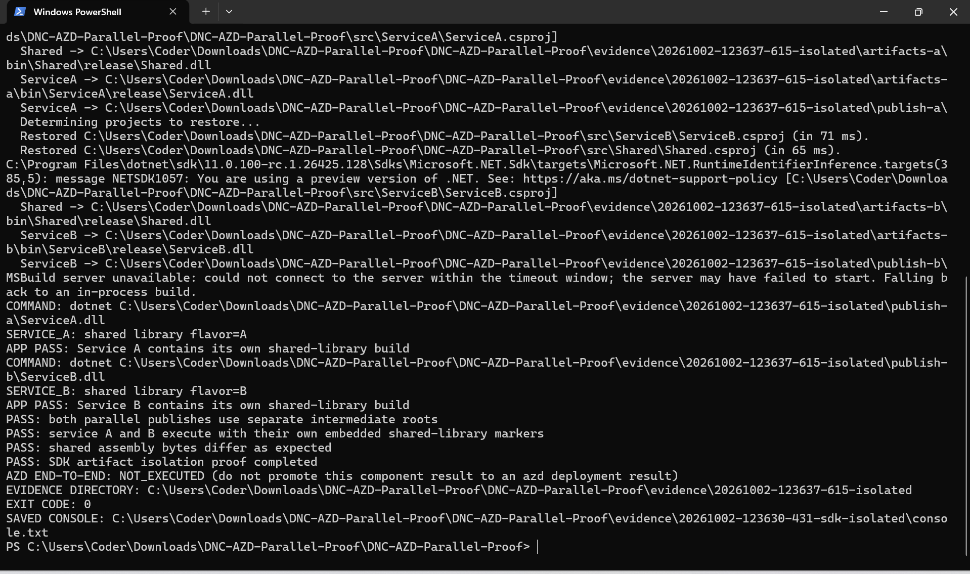 Parallel .NET Publish: Isolate Shared Project Artifacts PowerShell output showing Service A and B with their expected shared-library markers, SDK artifact-isolation PASS, and azd end-to-end NOT_EXECUTED.