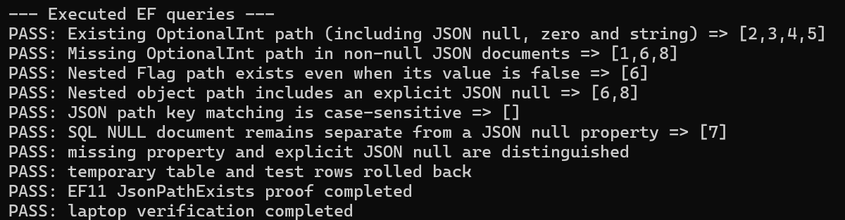 Six executed EF query assertions pass, followed by transaction rollback and final proof completion