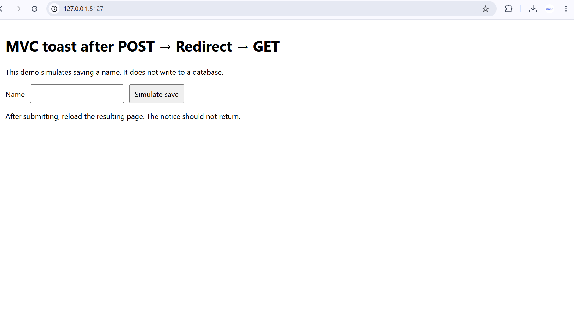 MVC demo after refreshing the redirected page: the form remains but the toast is gone