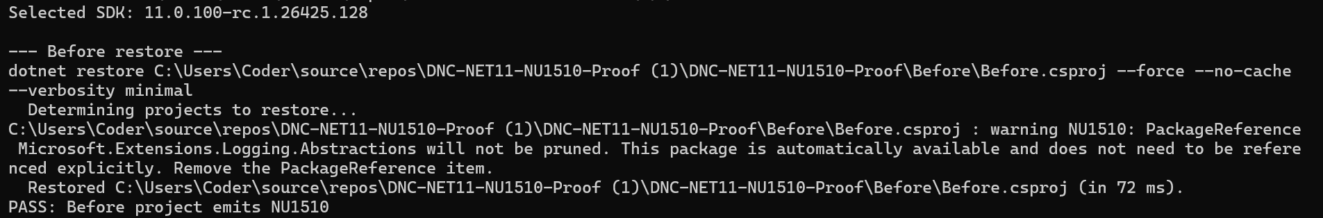 NU1510 in .NET 11: Fix Microsoft.Extensions References Safely PowerShell before restore: SDK 11.0.100-rc.1.26425.128 and warning NU1510 for Microsoft.Extensions.Logging.Abstractions