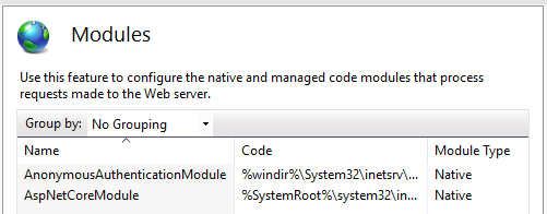 IIS Manager open to Modules with the minimum module configuration shown