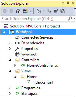 Solution Explorer showing files and folders of WebApp1