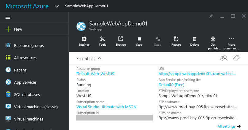Azure Portal: Sample Web App Demo 01 Essentials blade