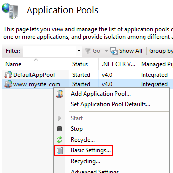 Select Basic Settings from the contextual menu of the Application Pool.