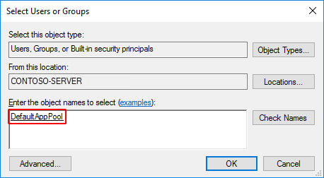 Select users or groups dialog for the application folder