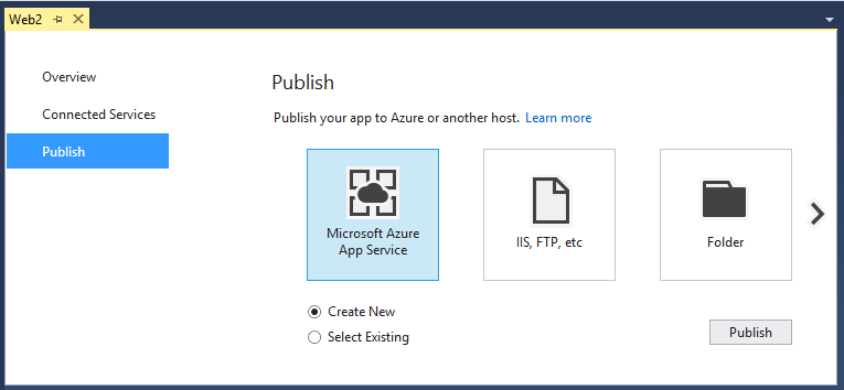 The **Publish** tab of the application capacities page showing Azure, IIS, FTB, Folder with Azure selected. Also shows create new and Select Exiting radio buttons