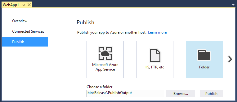 The **Publish** tab of the application capacities page showing Azure, IIS, FTB, Folder