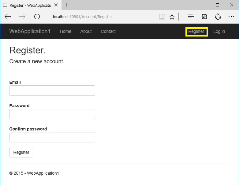 Web application Account Register view