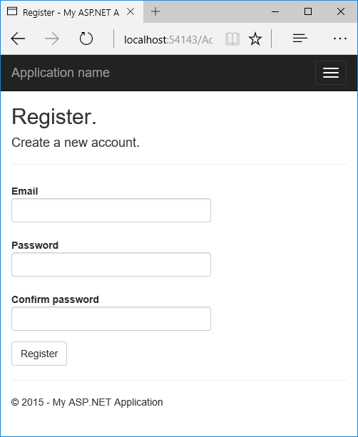 Register page with user input fields for Email (Username), Password, and Confirm Password