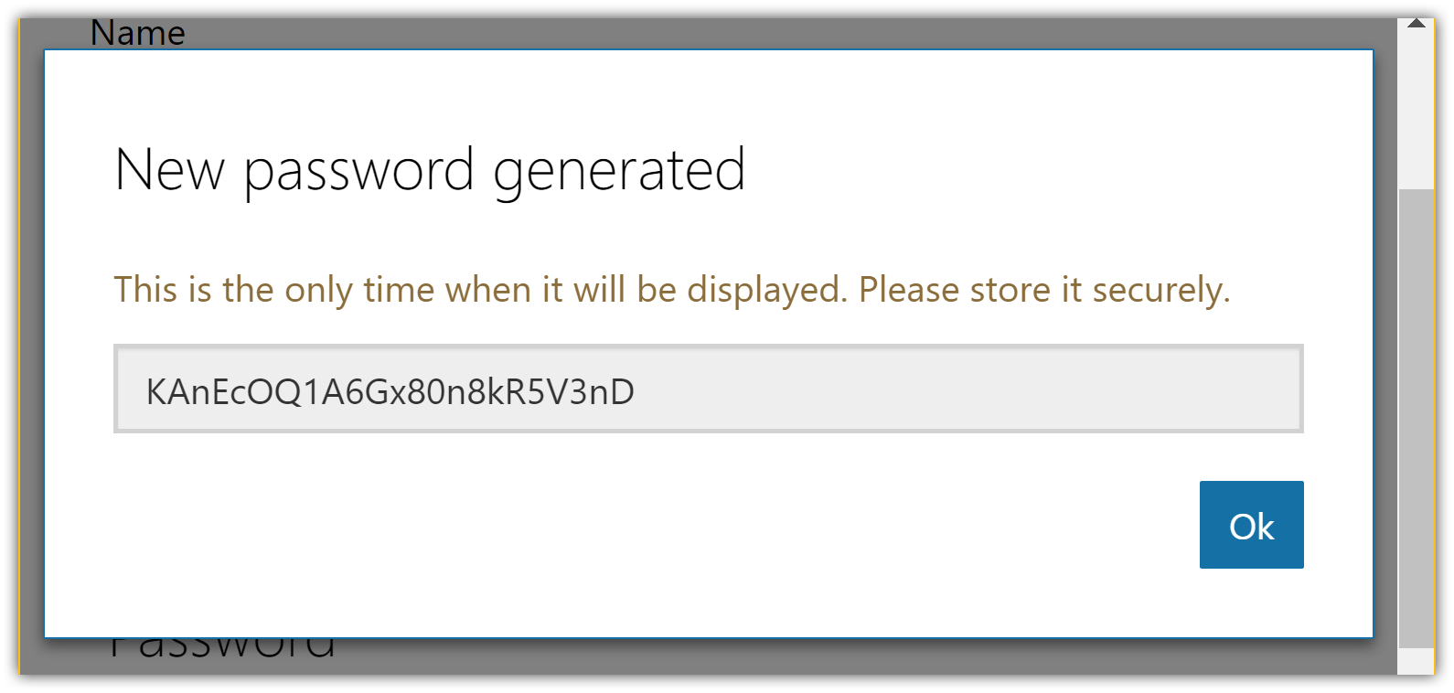 New password generated dialog