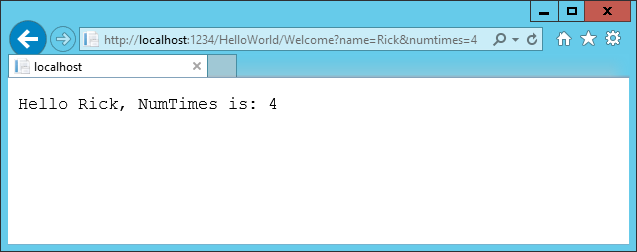 浏览器窗口显示应用程序响应 Hello Rick, NumTimes is: 4
