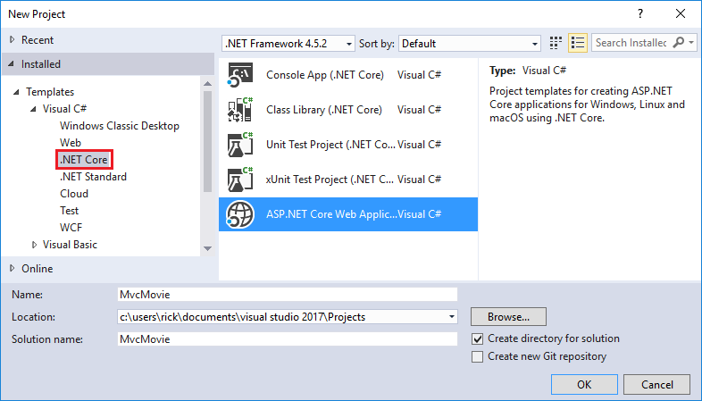 新建项目对话框  .Net core 在右侧面板,选择 ASP.NET Core web 