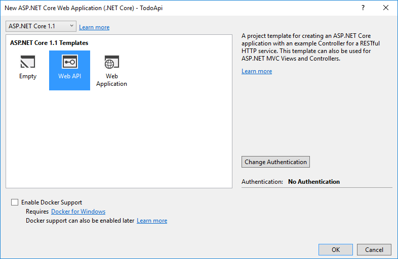 New ASP.NET Web Application dialog with Web API project template selected from ASP.NET Core Templates