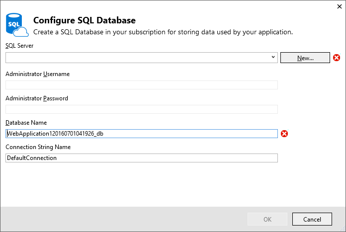 Configure SQL Database dialog