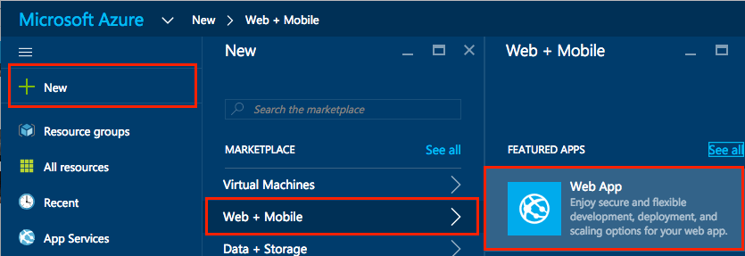 Microsoft Azure Portal: New button: Web + Mobile selection in the Marketplace list reveals a Web App button under Featured Apps