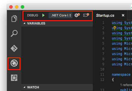 DEBUG sidebar showing the triangle play button