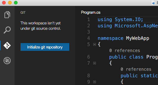GIT sidebar indicating 'This workspace isn't yet under git source control' with an 'Initialize git repository' button