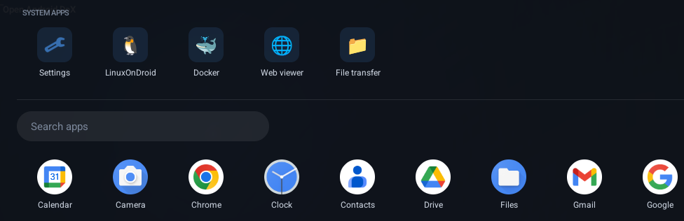 Settings, LinuxOnDroid, Docker and the Web viewer at the top of the app drawer
