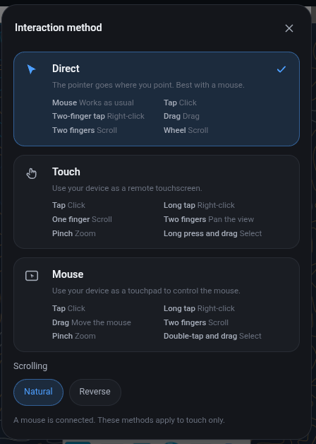 The interaction method panel offering Direct, Touch and Mouse control