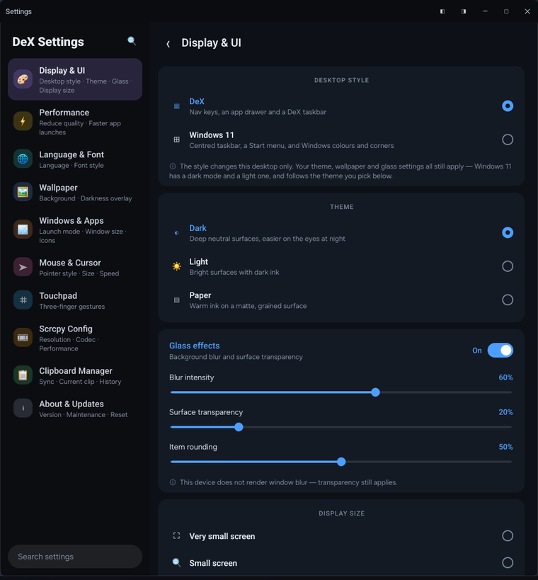 The settings app showing desktop style, themes and the glass sliders