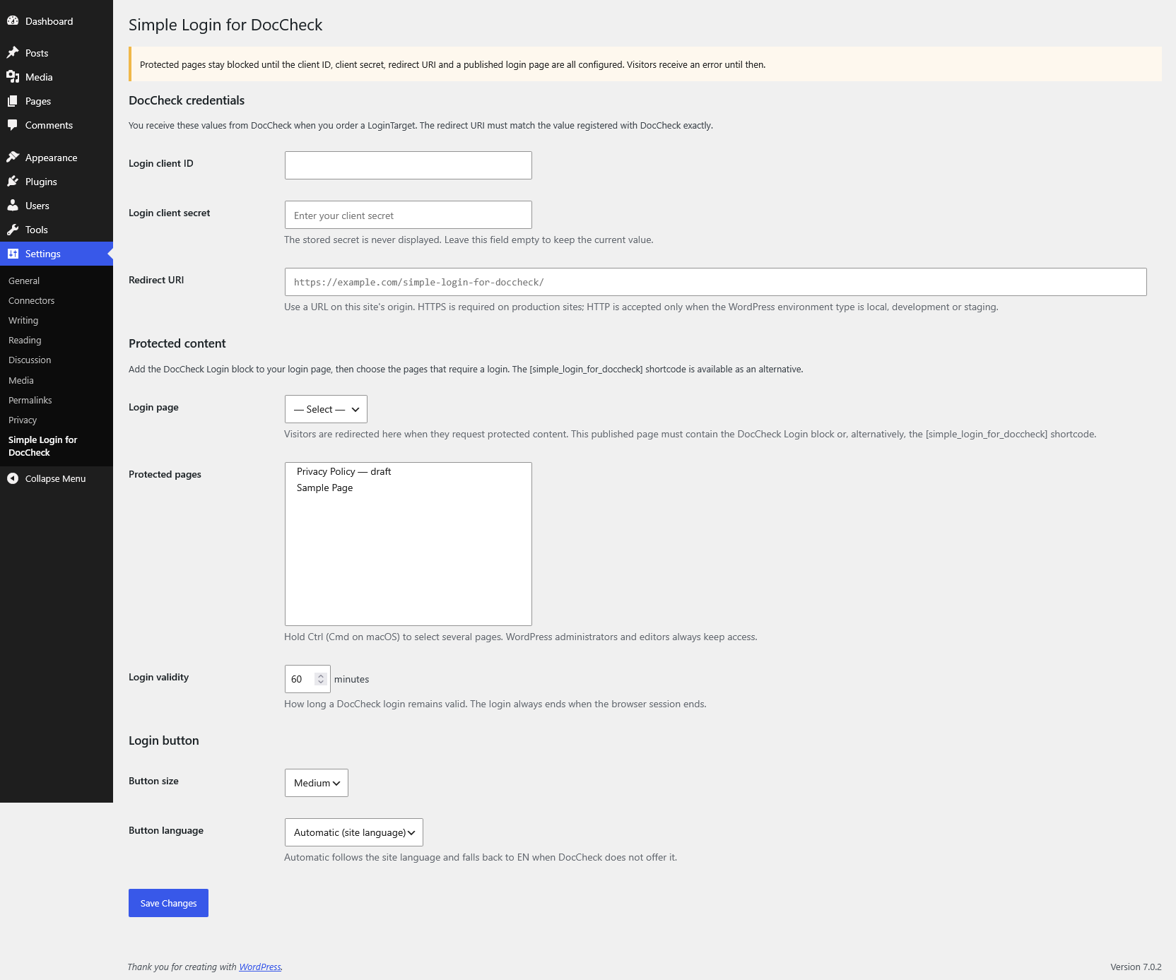 Simple Login for DocCheck settings page