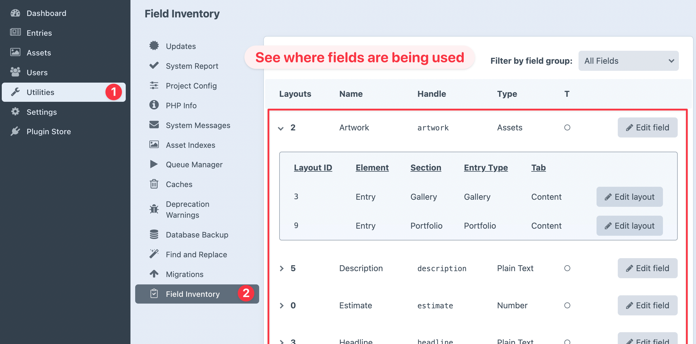 Screenshot of navigating to the Field Inventory utility