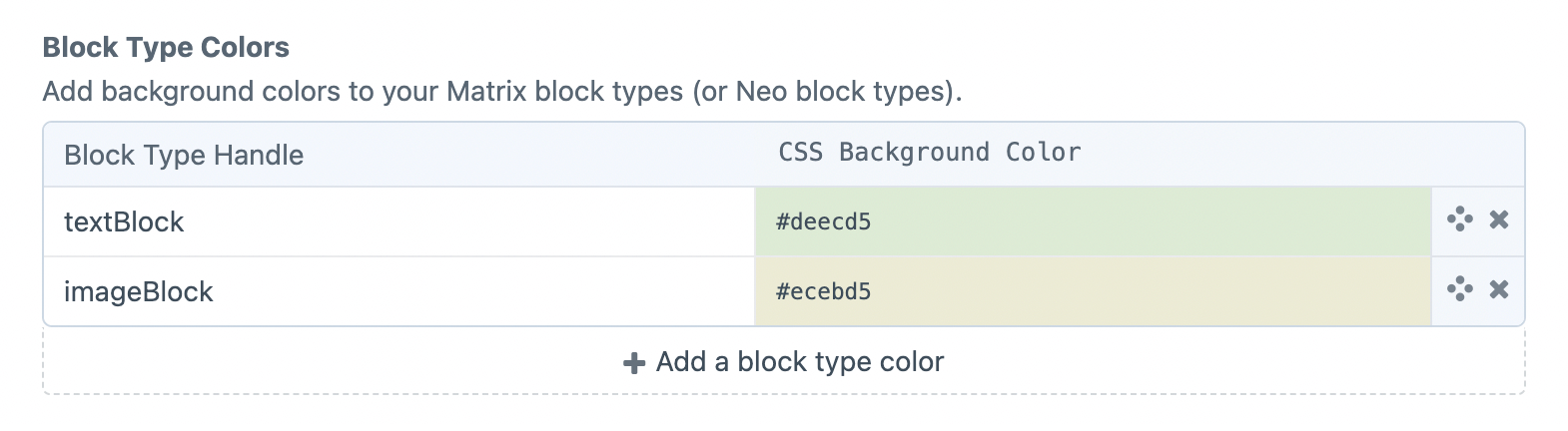 Example of block type settings page