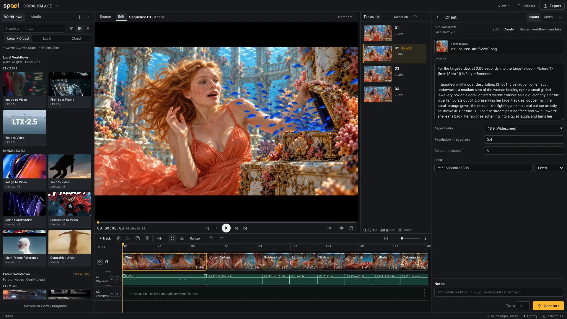 The Spool studio: an eight-shot sequence on the timeline, the first shot selected with its four takes beside the viewer and its workflow inputs on the right