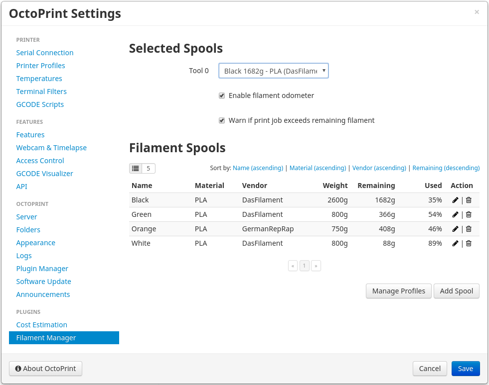 FilamentManager Settings