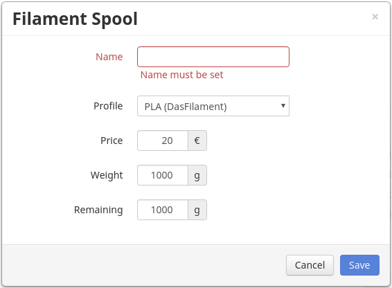 FilamentManager Settings Spool