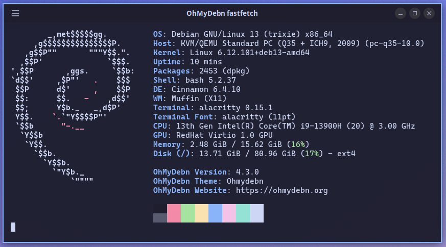 OhMyDebn system summary via fastfetch