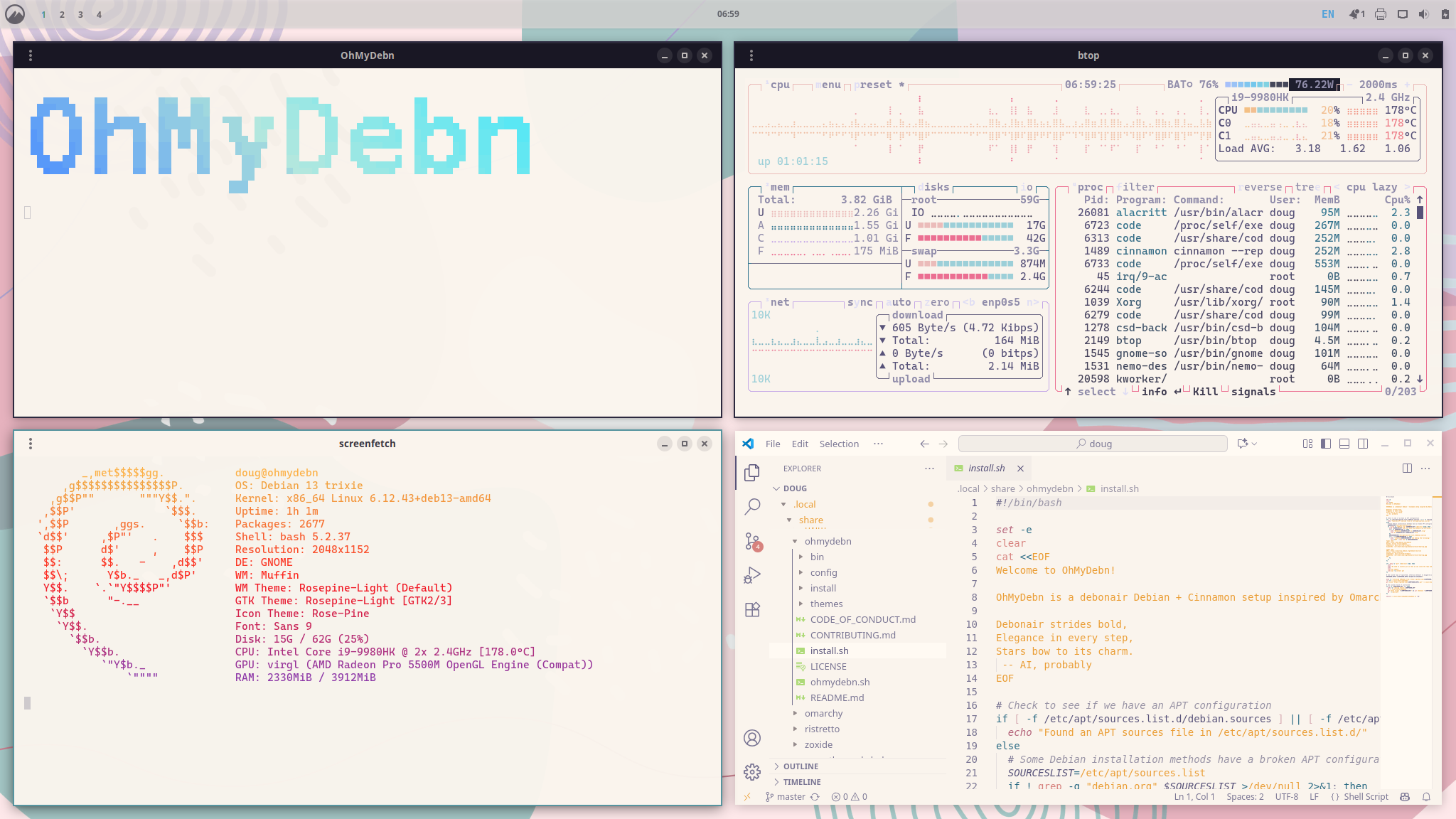 OhMyDebn with rose pine theme