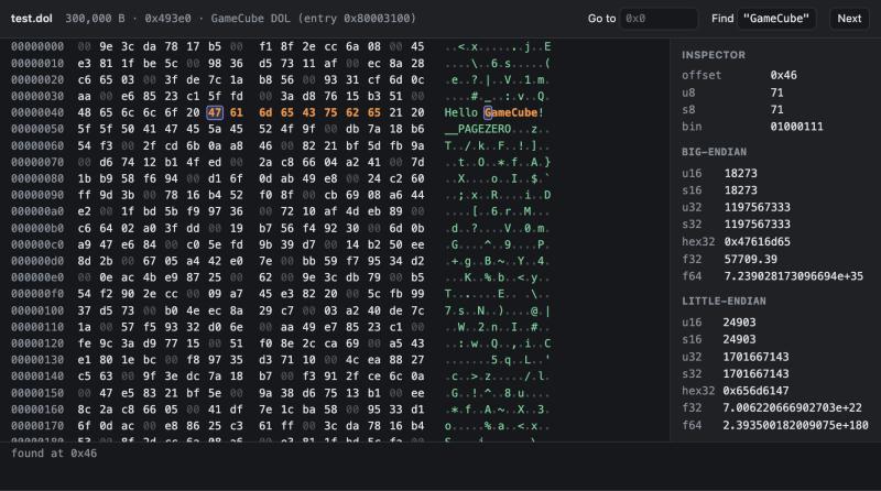 Hex Viewer showing a file with a search hit and the byte inspector