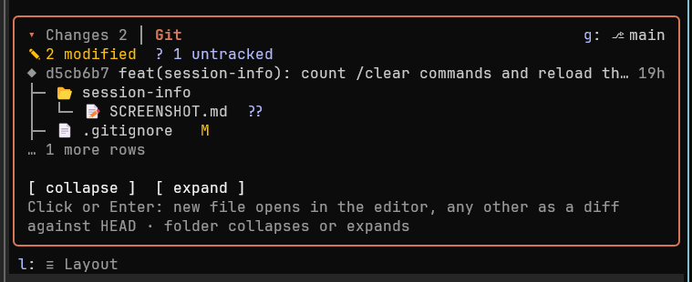 The Git tab of the Changes and Git card: the branch, the working-tree counts, the last commit and the treeview of changed files