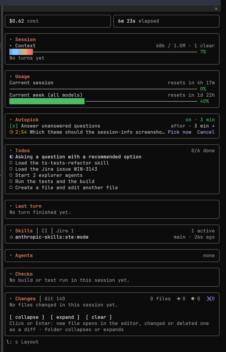 The session-info pane: tiles, Session with the stacked context bar, Usage, Autopick with a countdown, Todos, Last turn, Skills, Agents, Checks and Changes