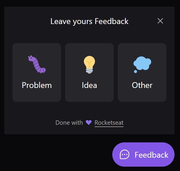 O widget mostra os tipos de feedback possíveis