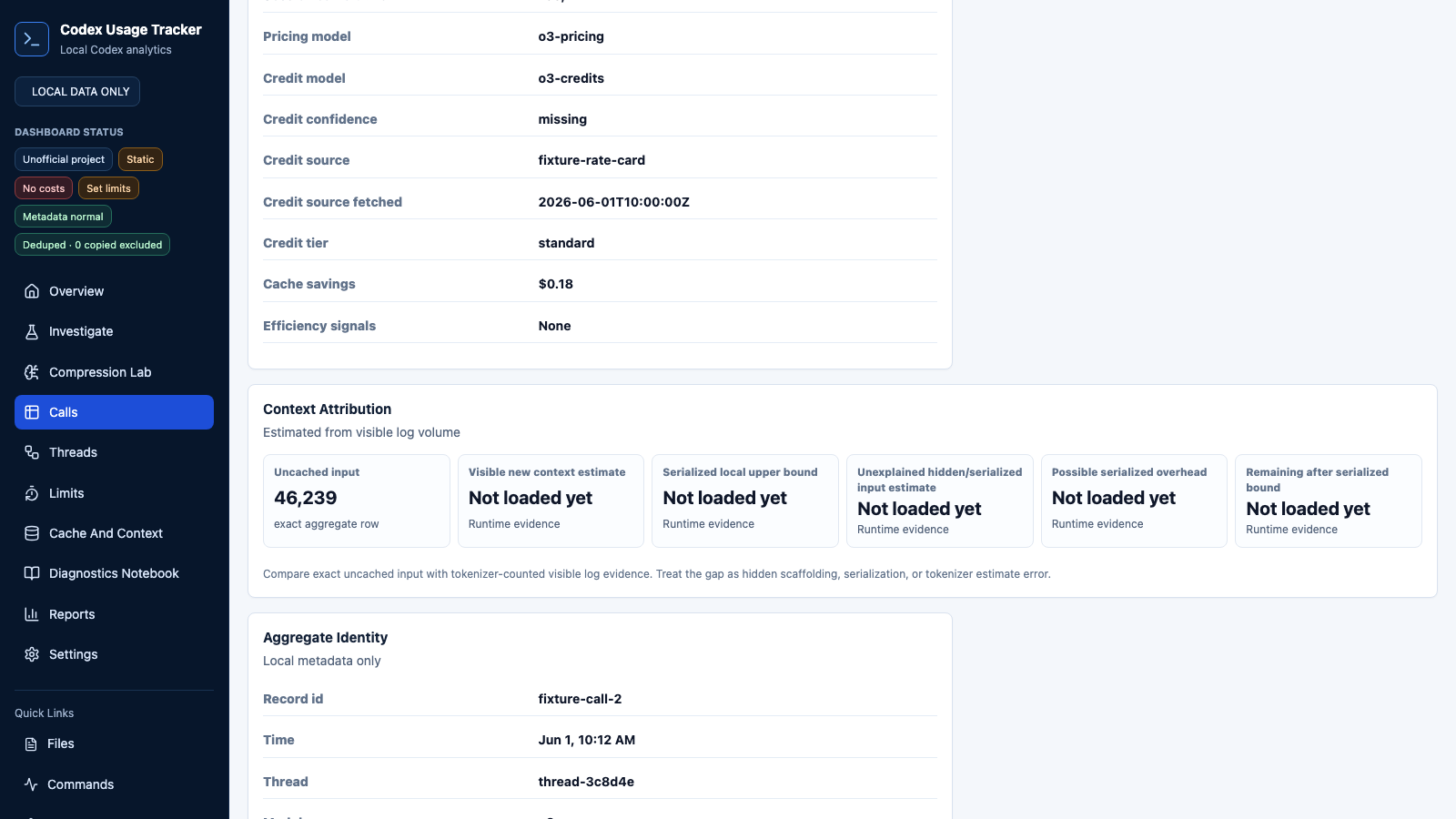 Lower call investigator view showing context estimates and the explicit raw-context evidence gate.